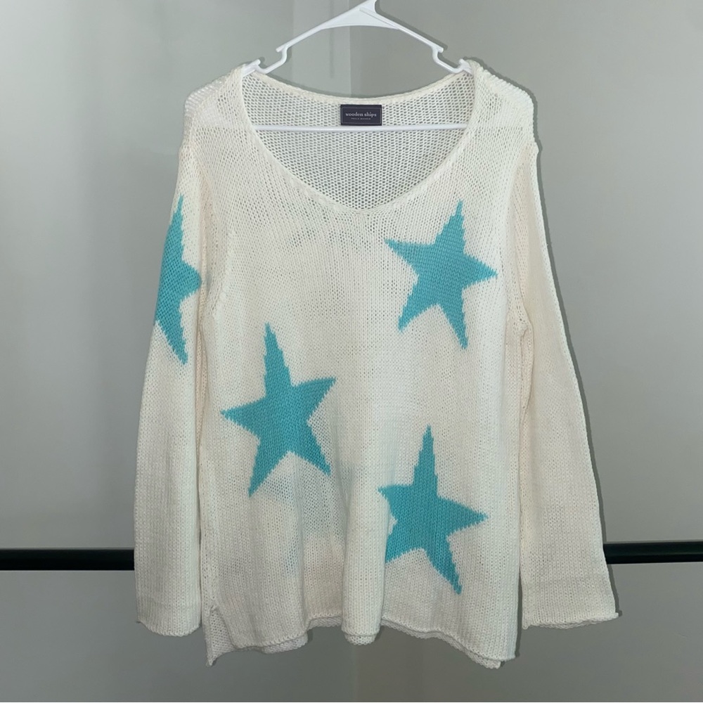 Wooden Ships V-Neck Sweater with Turquoise Stars oversized XS